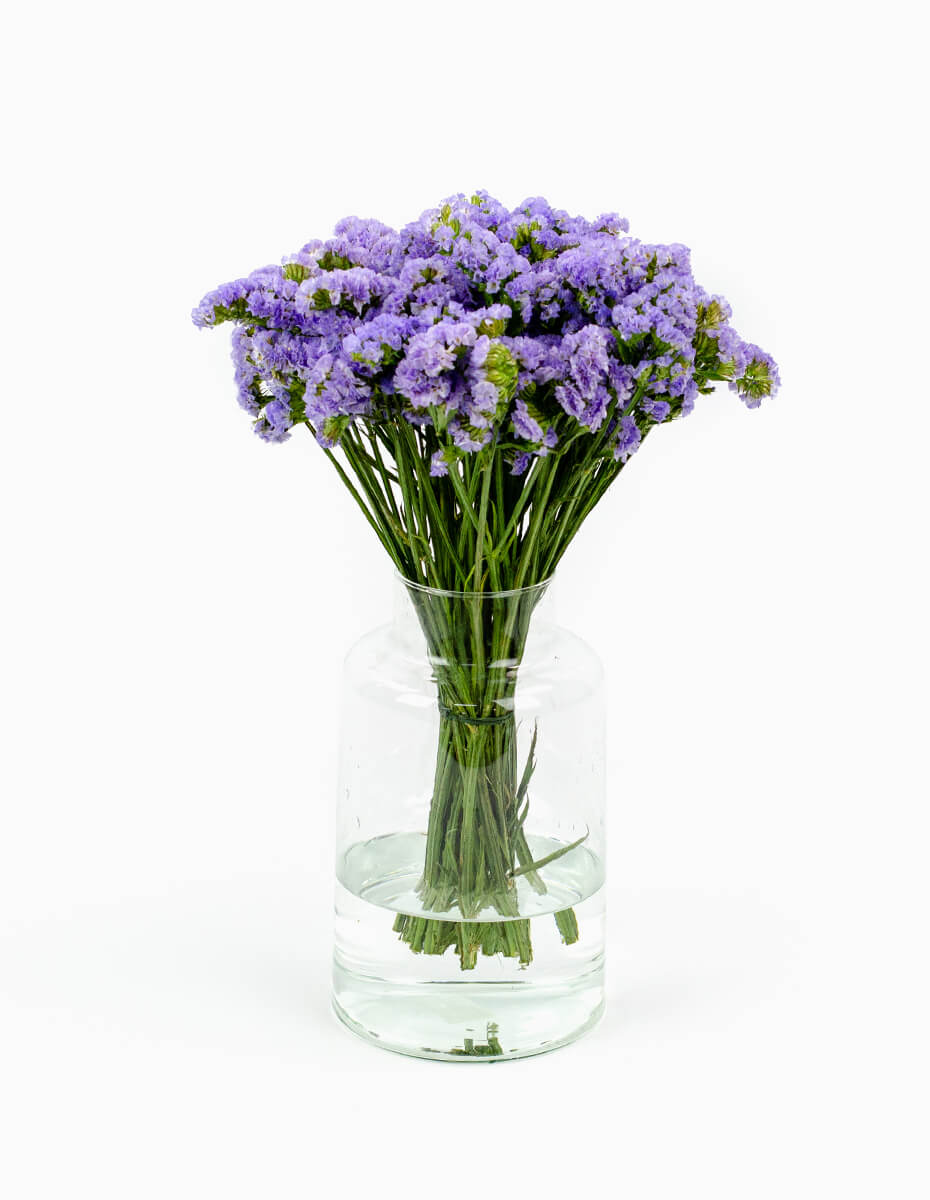 Ramo de estátice malva en jarrón de cristal - Floristería Peregrina