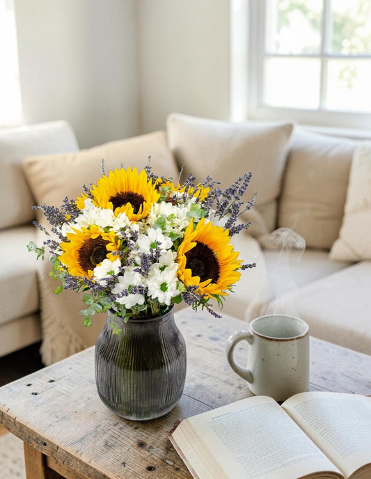 Ramo de girasoles con lavanda en jarrón sobre mesa de salón - Floristería Peregrina