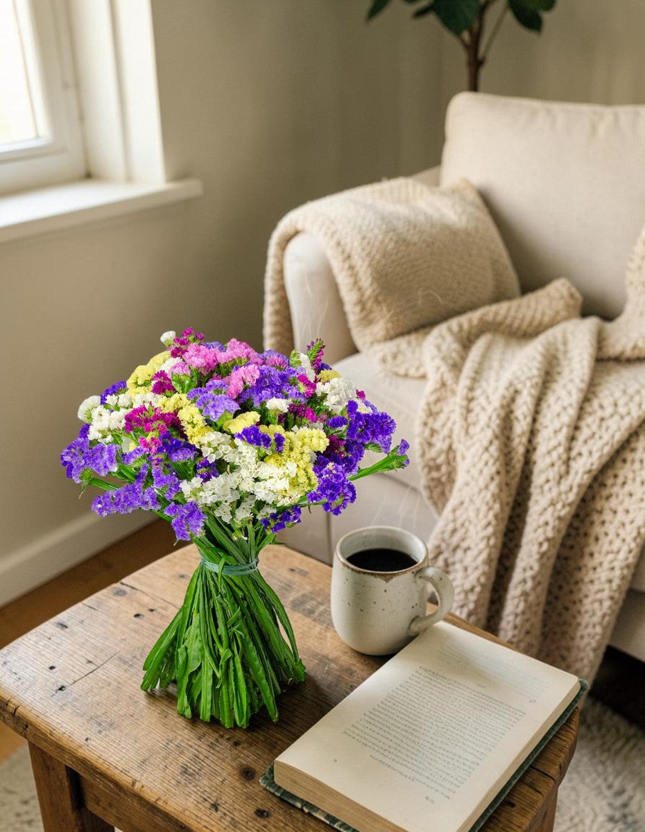 Ramo de estátice mixto de colores en mesa de salón - Floristería Peregrina Pontevedra
