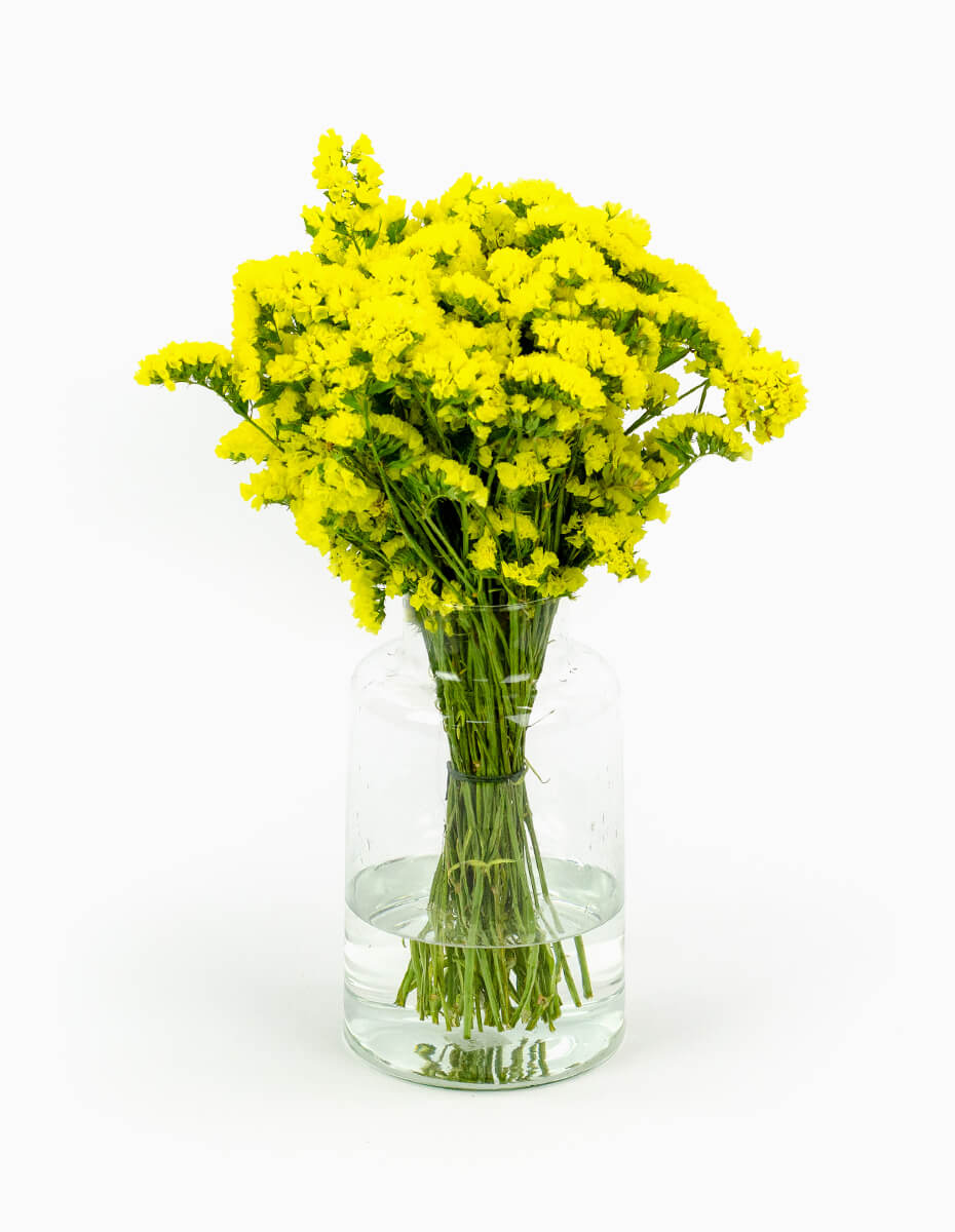 Ramo de estátice amarillo en jarrón de cristal - Floristería Peregrina