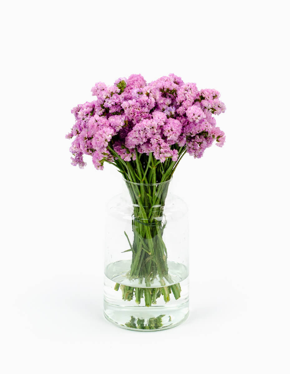 Ramo de estátice rosa en jarrón de cristal - Floristería Peregrina