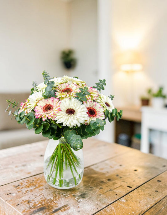 Ramo de gerberas con eucalipto sobre mesa de madera en salón - Floristería Peregrina Pontevedra