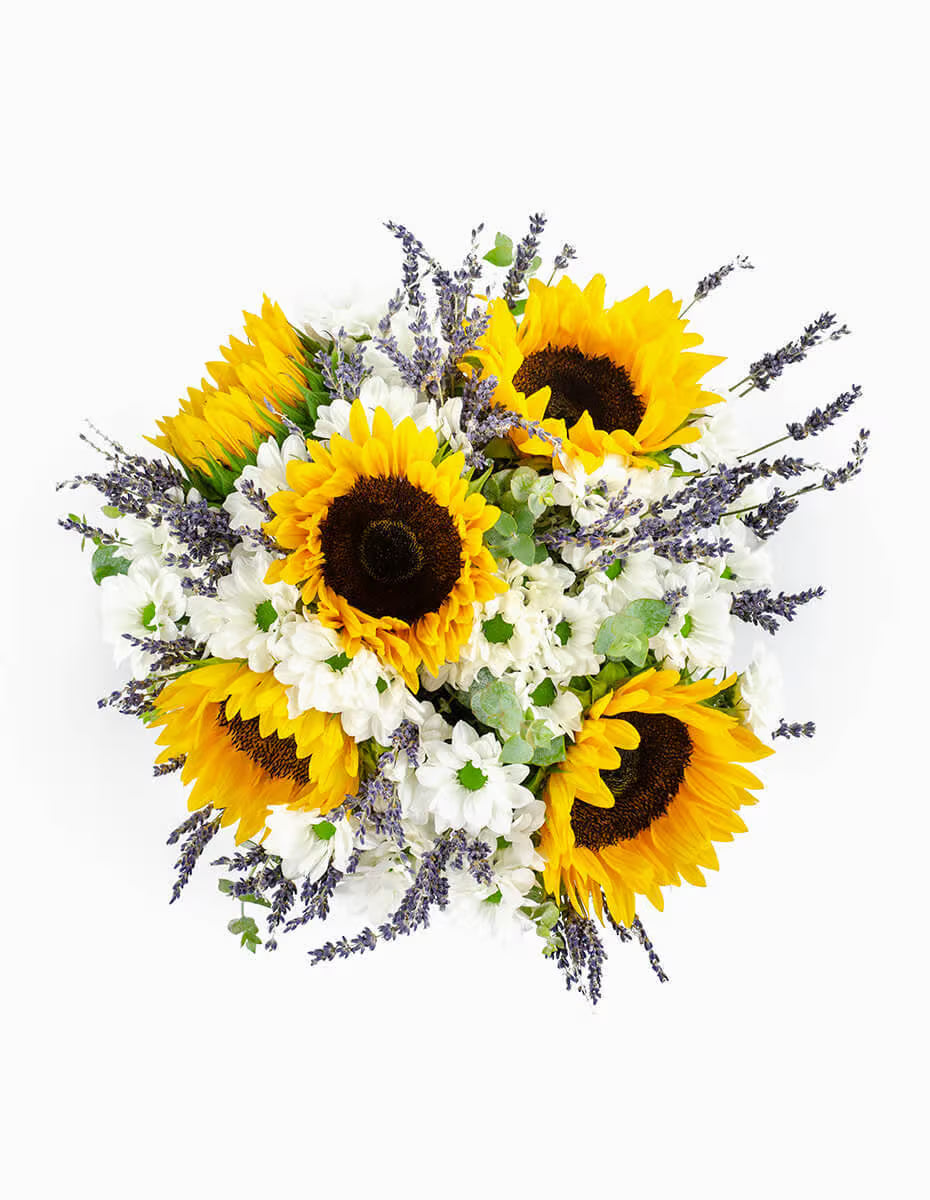 Detalle ramo de girasoles y lavanda frescos - Floristería Peregrina Pontevedra