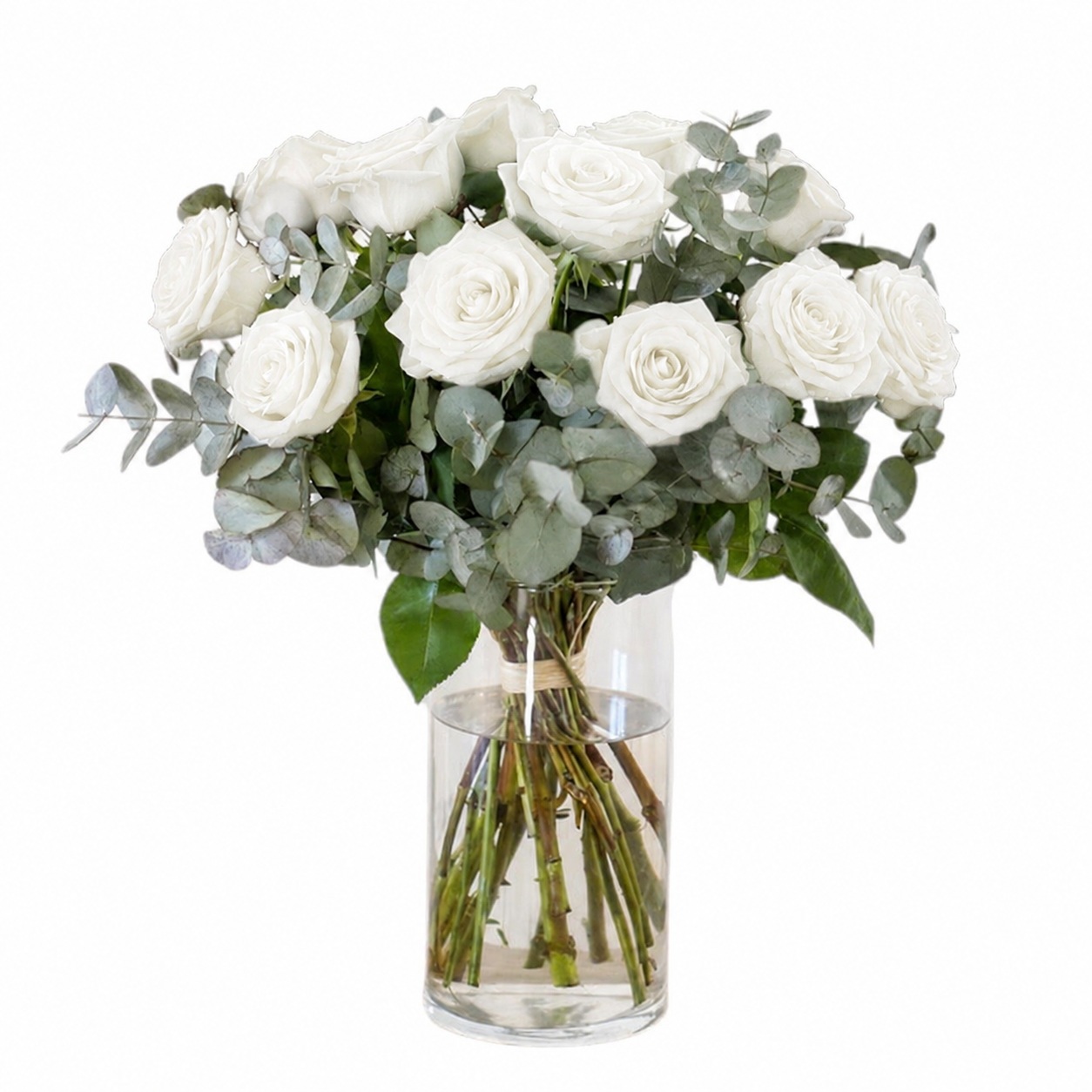 Ramo de rosas blancas con eucalipto en jarrón - Floristería Peregrina Pontevedra