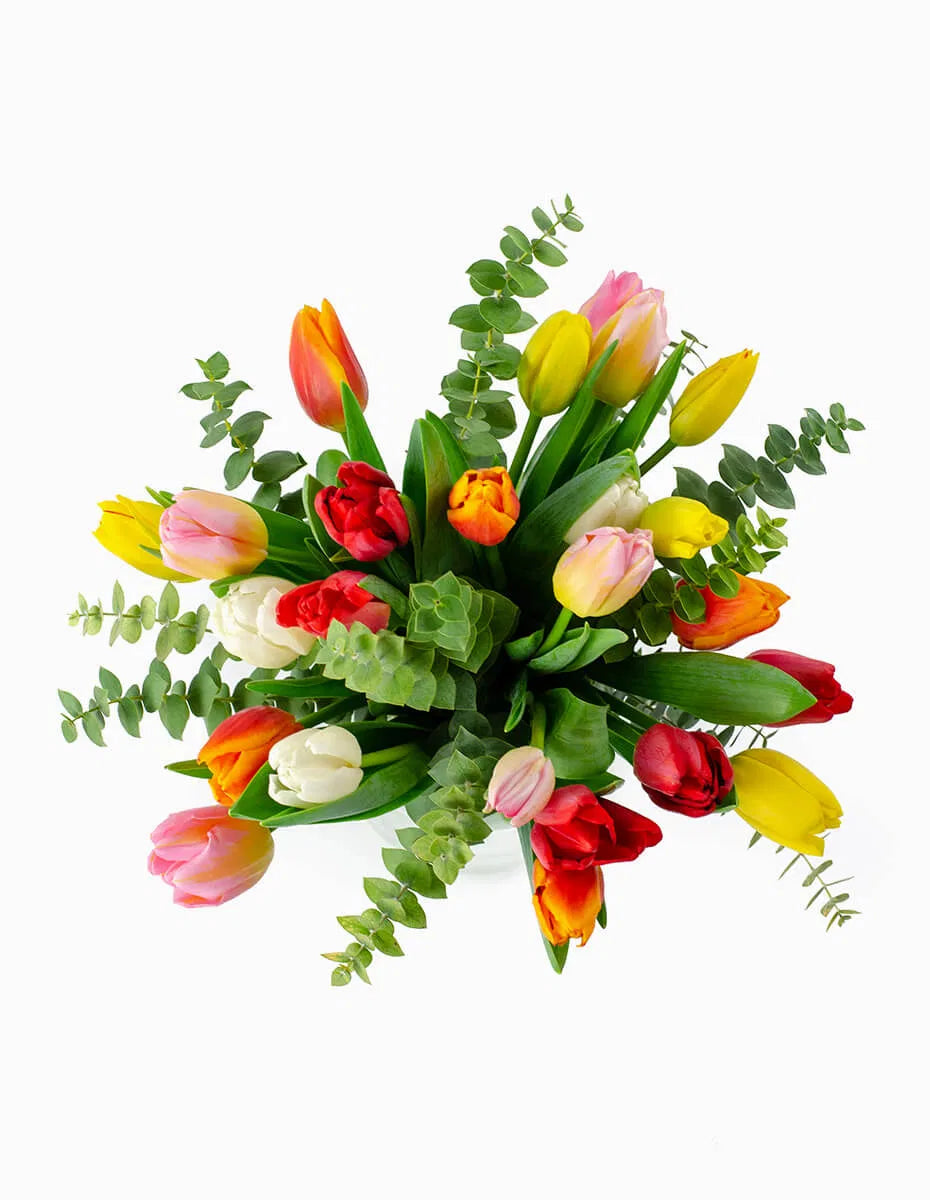 Vista superior ramo de tulipanes de colores con eucalipto - Floristería Peregrina