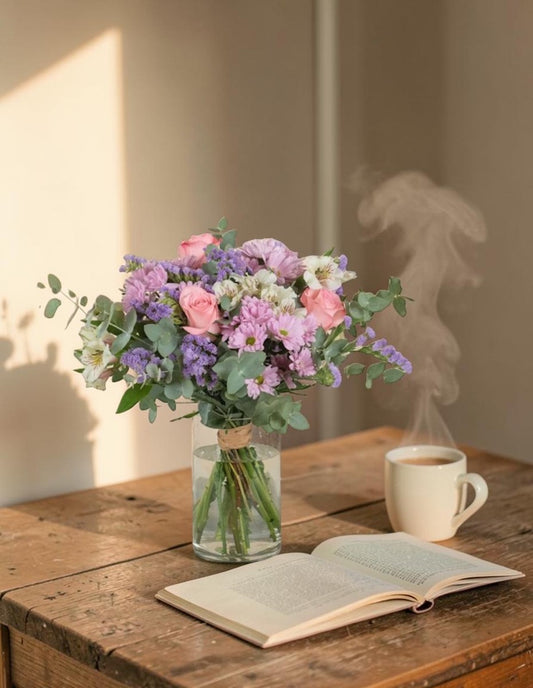 Ramo variado de flores rosas y lilas en salón sobre mesa de madera - Floristería Peregrina